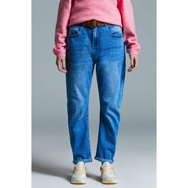 Basic Mom Fit Jeans In Mid Wash With Knee Darts