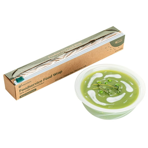 Basic Nature Clear Plastic Foodservice Food Wrap - Compostable, Microwave-Safe - 12" x 200' - 1 count box