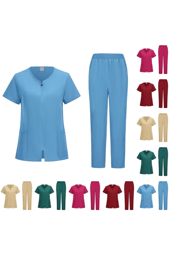 Basic Nurse Scrubs Set,, Short Sleeve Mock Neck Top & Elastic Waist Pants, Simple & Comfortable CNA Uniform for Daily Wear Light Blue S