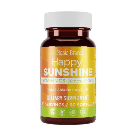 Basic Brands Happy Sunshine Vitamin D3 Supplement 2000 IU, Immune & Bone Support, Dietary Supplement 60 Count