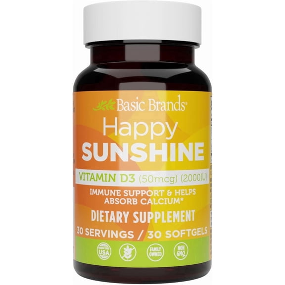 Basic Health Brands Happy Sunshine Vitamin D3 Supplement 2000 IU, Immune & Bone Support Dietary Supplement, 30 Count