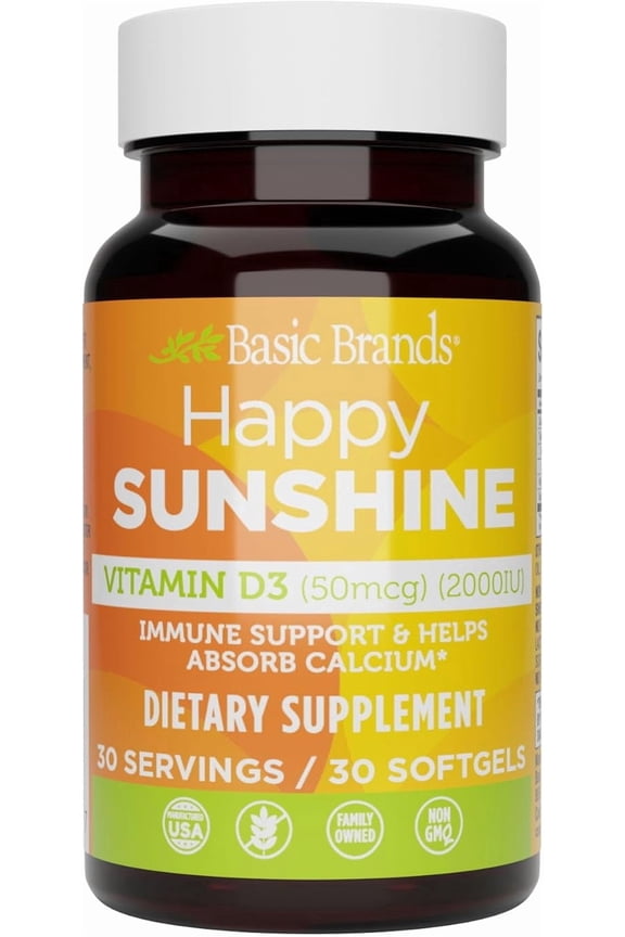 Happy Sunshine Vitamin D3 Supplement 2000 IU, Immune & Bone Support Dietary Supplement, 30 Count