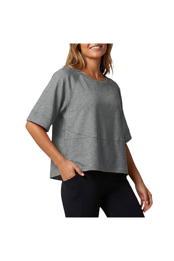 Basic Oversized Cropped T Shirts for Women Boxy Tee Shirts for Women Plus Size Workout Athletic Crop Tops Drop Shoulder Round Neck Half Sleeve Loose Fit Top Trendy Cute Flowy Tee Shirts Grey L