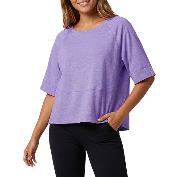 Basic Oversized Cropped T Shirts for Women Boxy Tee Shirts for Women Plus Size Workout Athletic Crop Tops Drop Shoulder Round Neck Half Sleeve Loose Fit Top Trendy Cute Flowy Tee Shirts Purple L