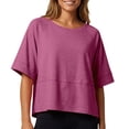 thumbnail image 1 of Basic Oversized Cropped T Shirts for Women Boxy Tee Shirts for Women Plus Size Workout Athletic Crop Tops Drop Shoulder Round Neck Half Sleeve Loose Fit Top Trendy Cute Flowy Tee Shirts Wine L, 1 of 7