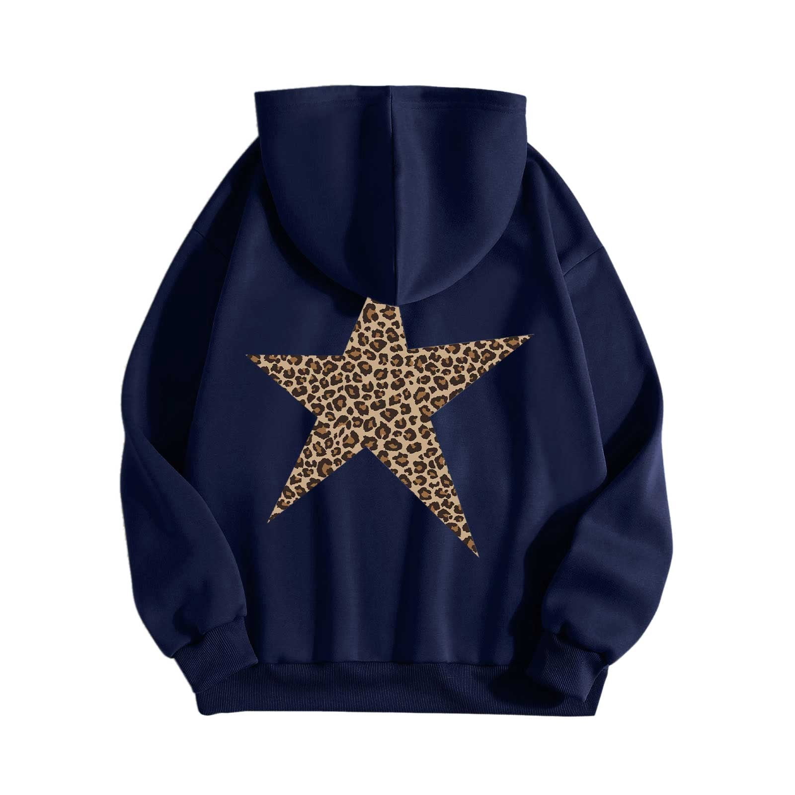 Basic Oversized Hoodie for Women Star Graphic & Leopard Print Long Sleeve Loose Fit Hooded Sweatshirt Streetwear Pullover Tops with Front Pocket