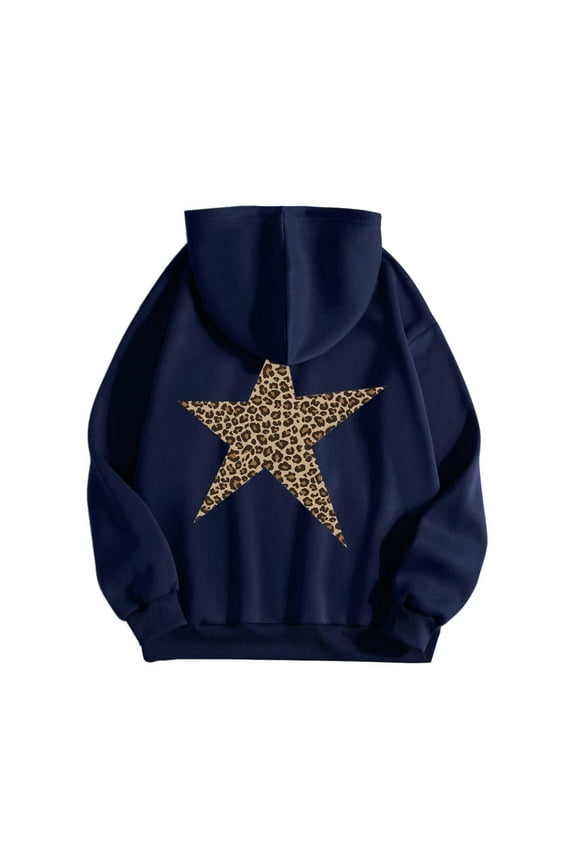 Basic Oversized Hoodie for Women Star Graphic & Leopard Print Long Sleeve Loose Fit Hooded Sweatshirt Streetwear Pullover Tops with Front Pocket