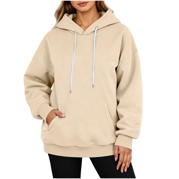Basic Oversized Hoodies for Women Solid Color Hooded Sweatshirt Baggy Plain Pullover Loose Fit Tops, Beige, M