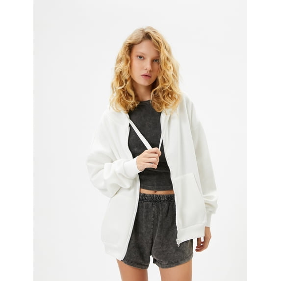 Basic Oversized Zip-Up Sweatshirt Hooded Long Kangaroo Pocket
