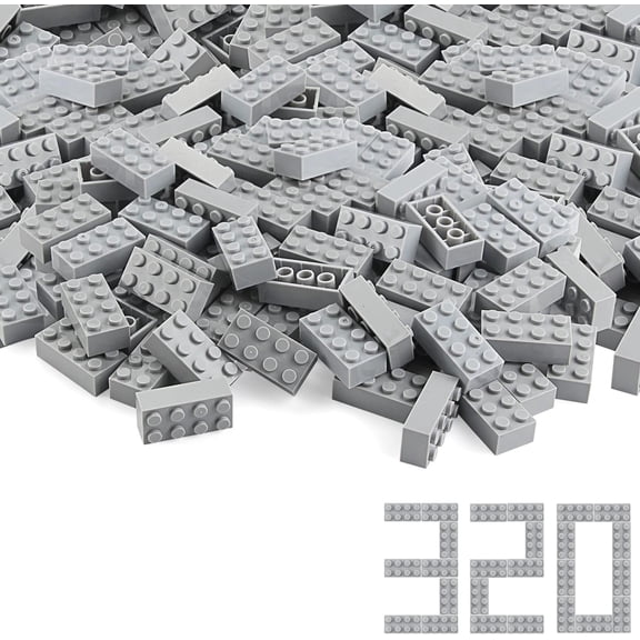 Basic Parts 320 Pieces 2x4 Light Gray Bricks Building Creative Play Blocks Set Toy Accessories Combine with Major Brick Brands