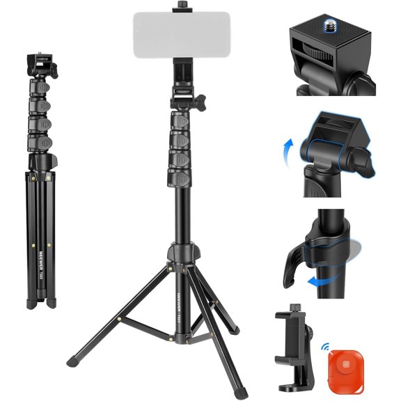 Basic Phone Tripod for Phone & Camera w/Remote & Phone Holder, 66" Metal Selfie Stick Travel Vlog Cell Phone Stand, Portable Camera Cellphone Holder Mount for Video Recording Filming, TS03