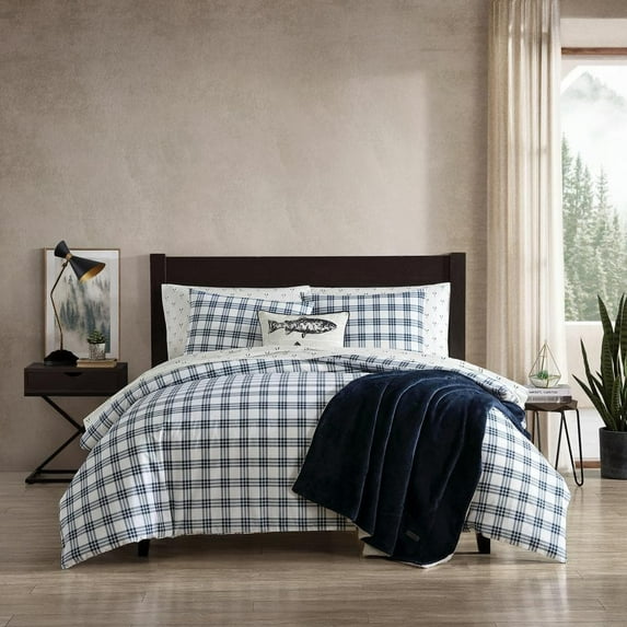 Basic Plaid 3-Piece Blue T200 Percale Cotton King Duvet Cover Set