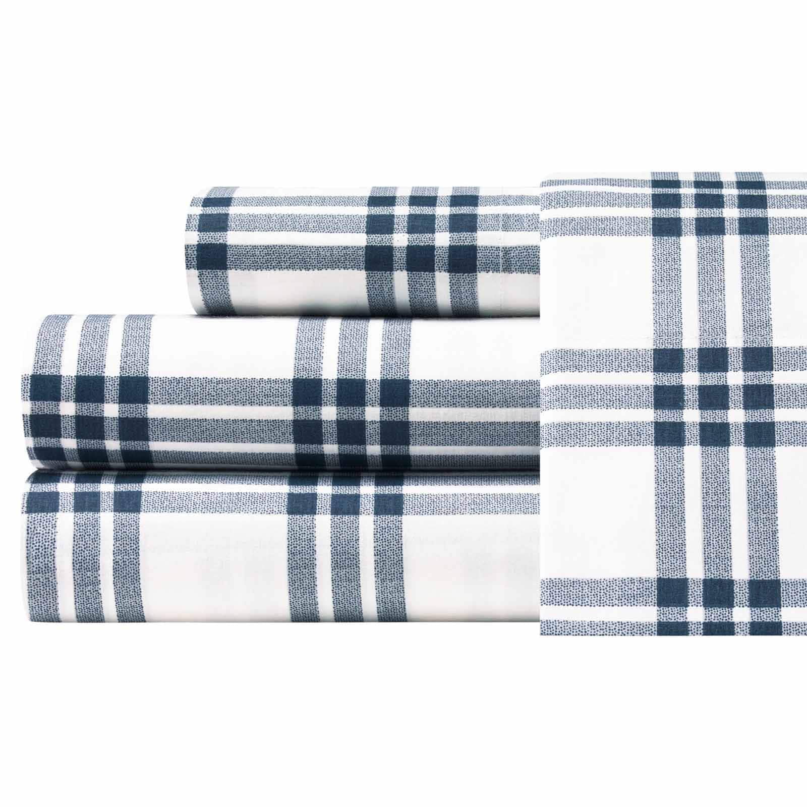 Navy and White Plaid Cotton Percale Queen Sheet Set