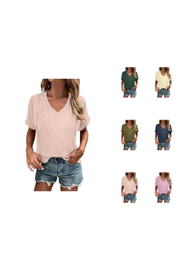 Basic Plain T Shirts for Women 2026 Summer Short Sleeve V Neck Relaxed Fit Casual Tshirt Blouse