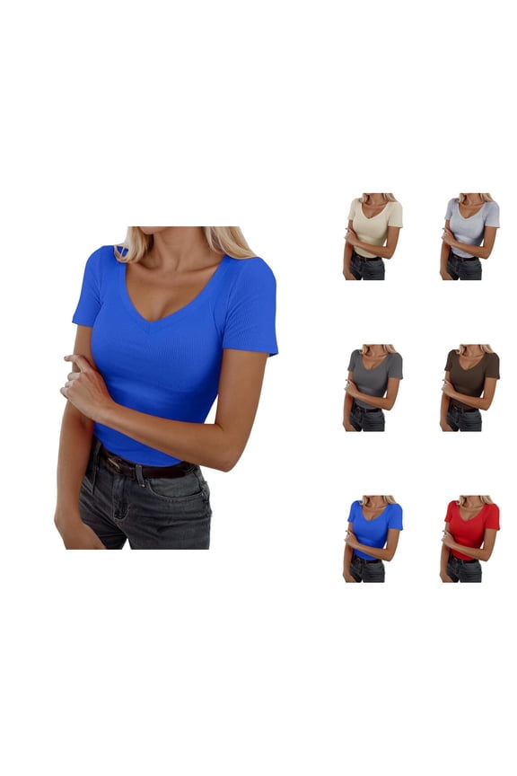 Basic Plain T Shirts for Women Summer Casual Short Sleeve Slim Fit V Neck Ribbed Knit Fitted Tshirts Tunic Top
