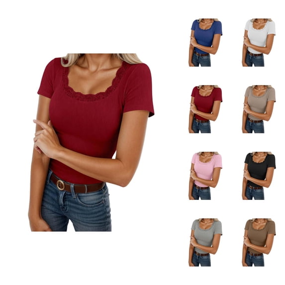 Basic Plain T Shirts for Women Summer Casual Short Sleeve Square Neck Lace Neckline Slim Fit Ribbed Tshirts Blouse