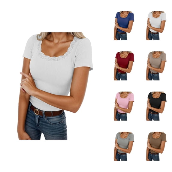 Basic Plain T Shirts for Women Summer Casual Short Sleeve Square Neck Lace Neckline Slim Fit Ribbed Tshirts Blouse