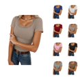 thumbnail image 1 of Basic Plain T Shirts for Women Summer Casual Short Sleeve Square Neck Lace Neckline Slim Fit Ribbed Tshirts Blouse, 1 of 4