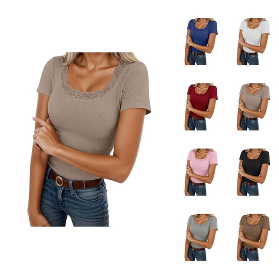 Basic Plain T Shirts for Women Summer Casual Short Sleeve Square Neck Lace Neckline Slim Fit Ribbed Tshirts Blouse