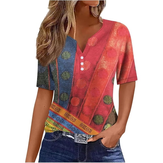 Basic Short Sleeve Shirts For Women V Neck Color Block Elegant Casual Button T Shirts Lightweight Summer Basic Blouses Vacation Clothes Hot Pink XXL