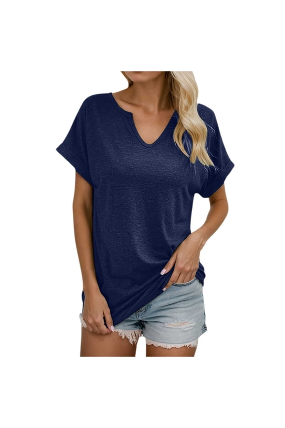 Basic Short Sleeve Shirts For Women V Neck Solid Colod Elegant Casual T Shirts Lightweight Soft Summer Basic Work Tee Vacation Clothes Navy S