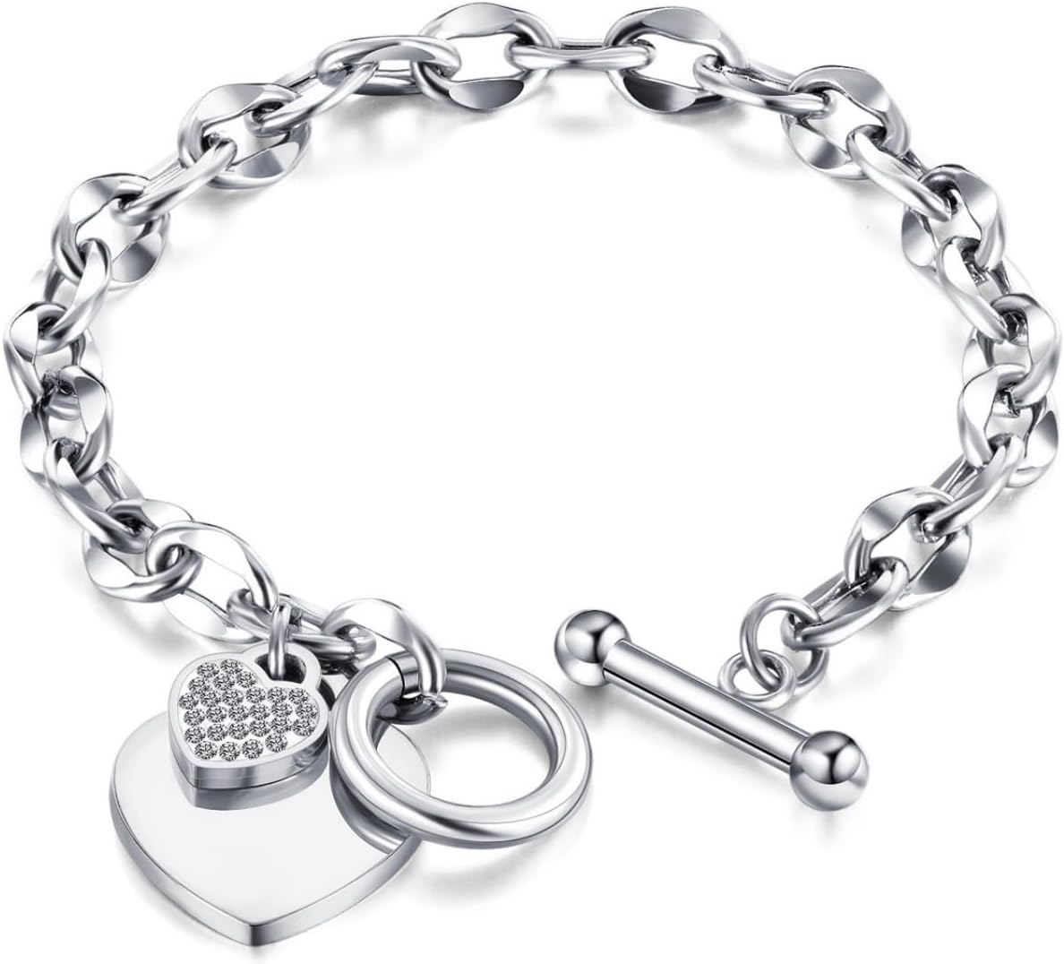 Basic Silver Logo Heart and Pave Heart Toggle Pendant Bracelets