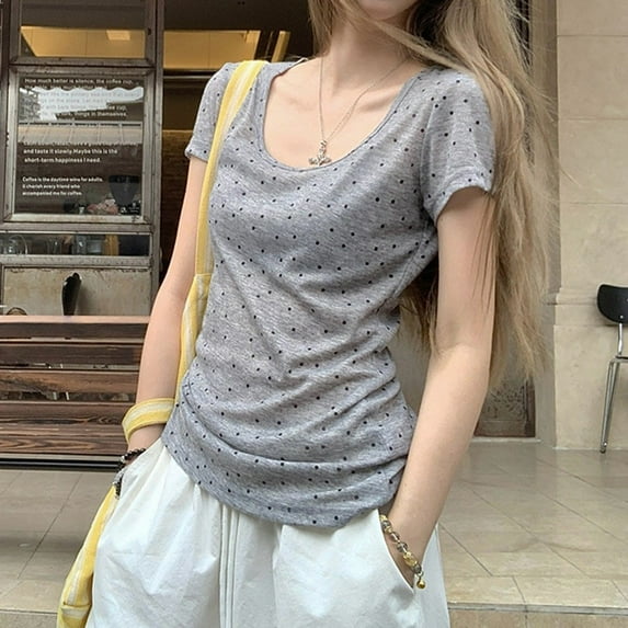 Basic Simple Women Polka Dots Short Sleeves T-Shirt Fashion Slim Fit Cropped Top - Grey M