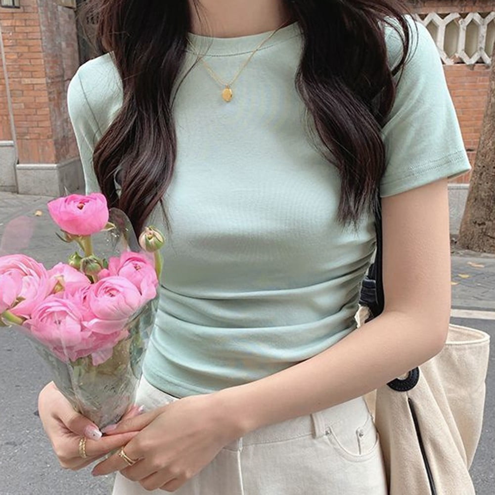 Basic Simple Women Short Sleeve T-Shirt Fashion Pleated Waist Cropped ...