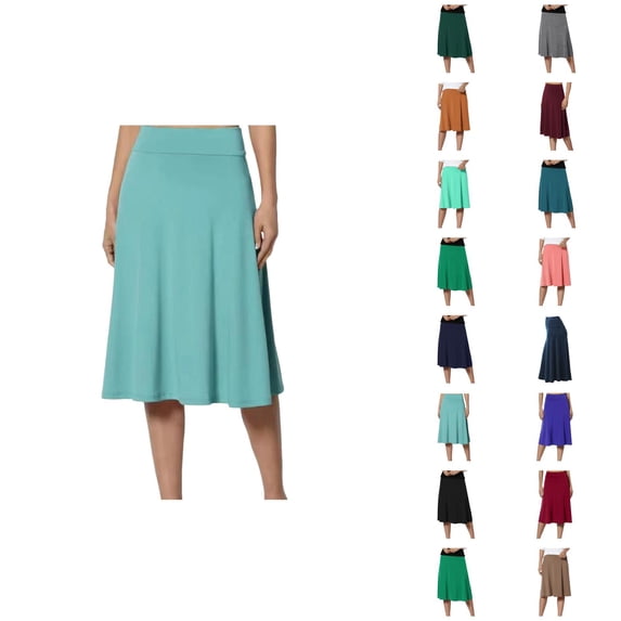 Basic Solid Flare Midi Skirts for Women High Waisted Lightweight A Line Flowy Skirt