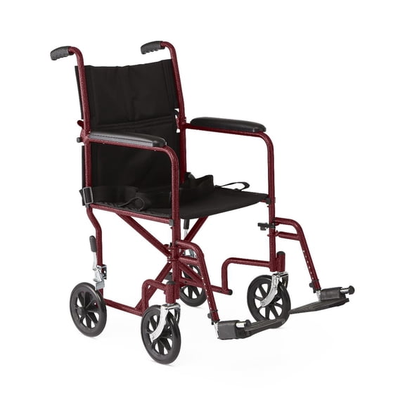 Medline Steel Transport Chair with Permanent Full-Length Arms and Swing-Away Footrests, 250 lb. Capacity, 17" Seat, Red