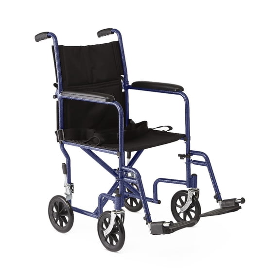 Medline Steel Transport Chair with Permanent Full-Length Arms and Swing-Away Footrests, 250 lb. Capacity, 19" Seat, Blue