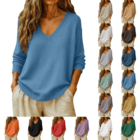 Basic Sweaters Women Fall Long Sleeve V Neck Tops Casual Lightweight Knit Warm Pullover Sweater Blue S