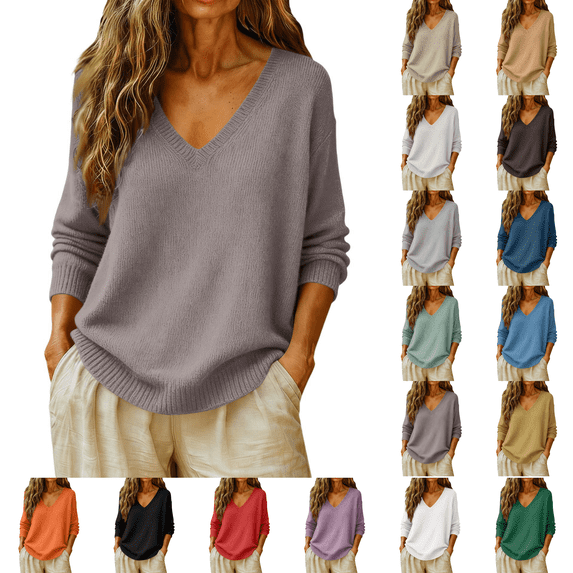 Basic Sweaters Women Fall Long Sleeve V Neck Tops Casual Lightweight Knit Warm Pullover Sweater Light Brown M