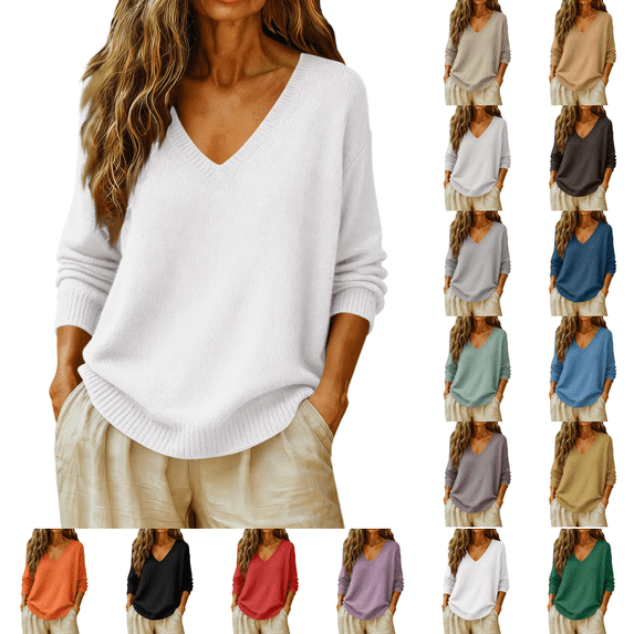 Basic Sweaters Women Fall Long Sleeve V Neck Tops Casual Lightweight Knit Warm Pullover Sweater White S