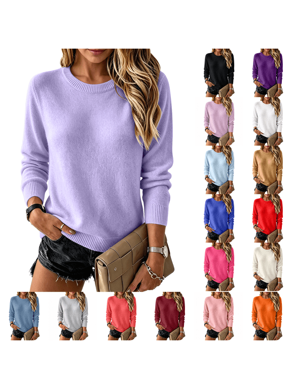 Basic Sweaters Women Long Sleeve Lightweight Fall Crewneck Soft Knit Pullover Ladies Fashion Work Top Travel Vacation Winter Layer Clothes Purple S