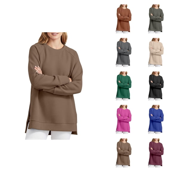 Basic Sweatshirts for Women 2025 Fall Winter Long Sleeve Crewneck Side Slit Plain Sweatshirt Pullover Tops