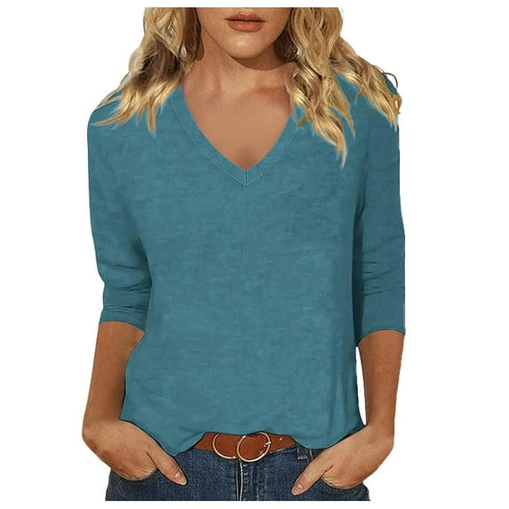 Basic T Shirt for Women Three Quarter Length V Neck Solid Color Pullovers Tops Fashion Spring Workout Crop Tops,Blue,XL
