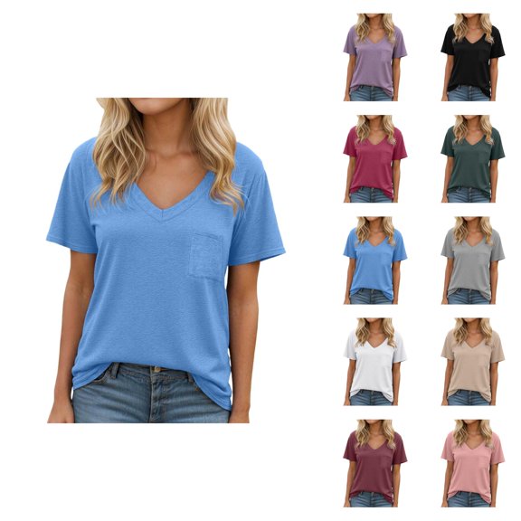 Basic T Shirts for Women 2025 Summer Casual Lightweight Short Sleeve V Neck Loose Plain Tshirt Womens T Shirts
