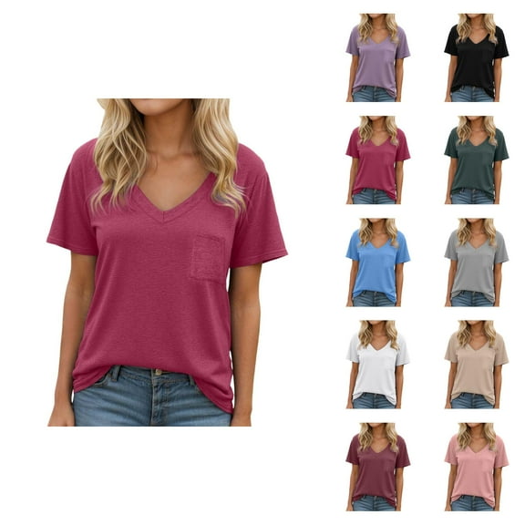Basic T Shirts for Women 2025 Summer Casual Lightweight Short Sleeve V Neck Loose Plain Tshirt Womens T Shirts