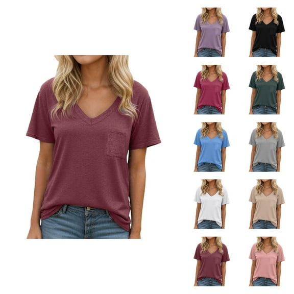 Basic T Shirts for Women 2025 Summer Casual Lightweight Short Sleeve V Neck Loose Plain Tshirt Womens T Shirts