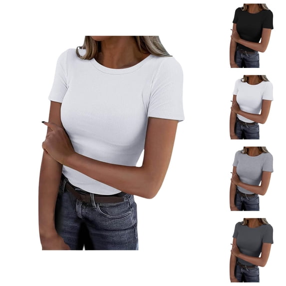 Basic T Shirts for Women 2026 Summer Short Sleeve Crewneck Ribbed Slim Fit Plain Tshirt Undershirts