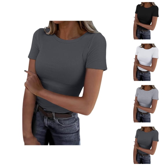 Basic T Shirts for Women 2026 Summer Short Sleeve Crewneck Ribbed Slim Fit Plain Tshirt Undershirts