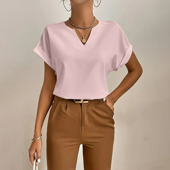 Basic T Shirts for Women Ladies Summer Casual Roll Short Sleeve V-Neck Solid Color Blouse Women's Shirt
