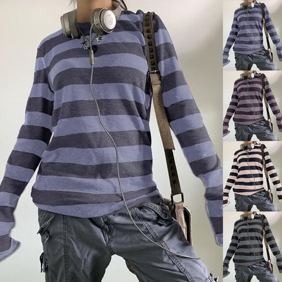 Basic T Shirts for Women Spring Summer Casual Tees Loose Long Sleeve Crewneck Striped Tops