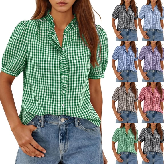 Basic T Shirts for Women Summer Casual Loose Short Sleeve Ruffle V Neck ...