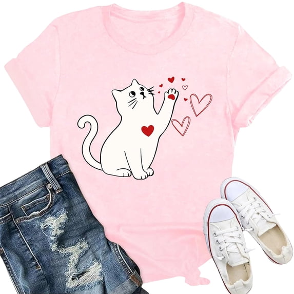 Basic T Shirts for Women Summer Casual Loose Tee Fashion Spring Short Sleeve Crewneck Cute Cat Print Top