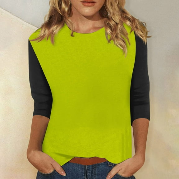 Basic T Shirts for Women Women's Fashion Casual Loose Regular 3/4 Sleeve Colored Round Neck Top