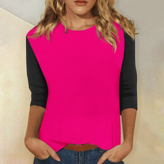 Basic T Shirts for Women Women's Fashion Casual Loose Regular 3/4 Sleeve Colored Round Neck Top
