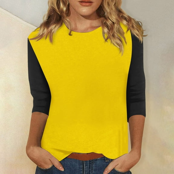 Basic T Shirts for Women Women's Fashion Casual Loose Regular 3/4 Sleeve Colored Round Neck Top