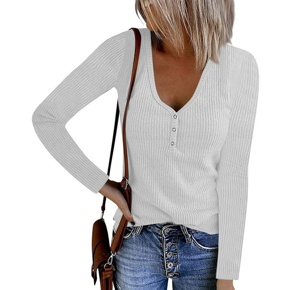Basic T Shirts for Women Women's Fashion Casual V-Neck T-Shirt Button Solid Color Long Sleeve Top